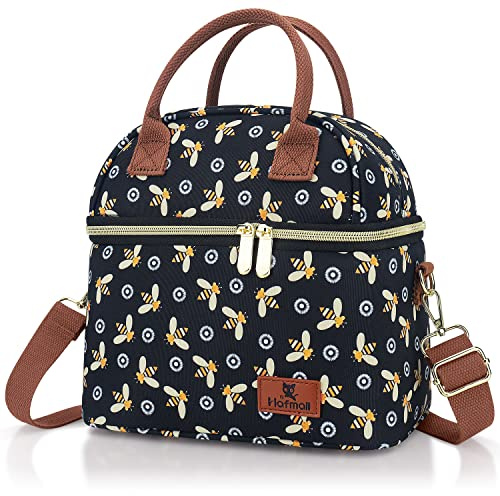 Hafmall Bolsa Termica Porta Alimentos para Mujer y Hombres, Bolsa Porta Comida con Dos Compartimentos, Lunch Bag Trabajo, Abeja