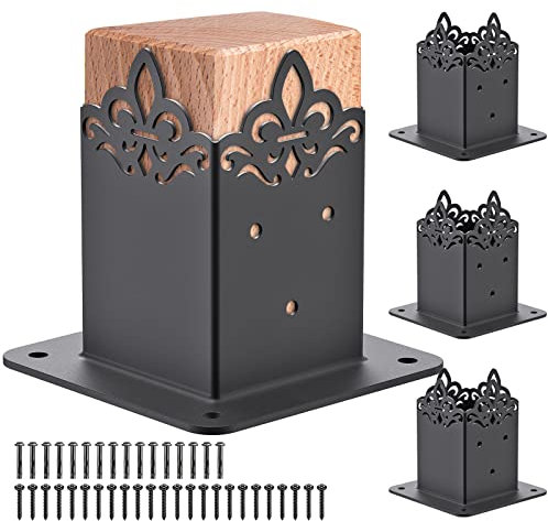 BeneLabel Fence Post Base, 4pcs Decking Post Bracket Bolt Down Fence Post Holder Pergola Support Bracket for Railing Pavilion Porch Mailbox Wooden Fence Post Creative Decor, Inner Size 90x90mm