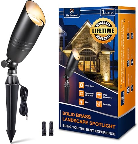 Gardenreet Landscape Spotlights Low Voltage - Brass 12V Outdoor Uplight LED, Wired Spot Lights IP65 Waterproof, Bright Metal Black for Exterior Garden Yard Tree House Without MR16 Bulb