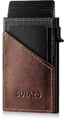 SURAZO® Echtleder Mini Card Holder | Kreditkartenetui mit Münzfach | Slim Geldbörse mit Kartenfach | Metall Kartenetui bis 8 Karten mit RFID Schutz | Mini Leder Kartenhülle Wallet | Klein Kartenhalter
