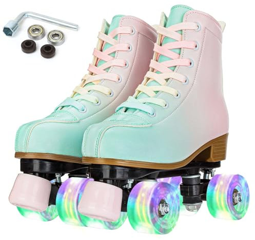 XUDREZ Rollschuhe für Mädchen und Damen, leuchtende Derby-Skates, hohe Oberseite, zweireihig, verstellbar, PU-Skates, Schuhe für Kinder, Anfänger, drinnen und draußen (38)