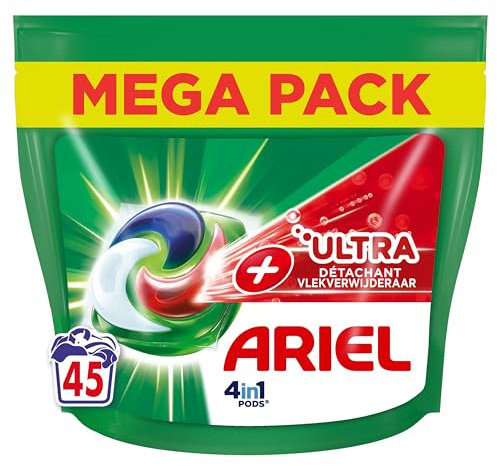 Ariel 4en1 PODS Lessive Liquide En Capsules 45 Lavages, Technologie Ultra Détachant, Élimine Les Taches Incrustées À Basse Température, Même Après 7 Jours, Fabriqué En France