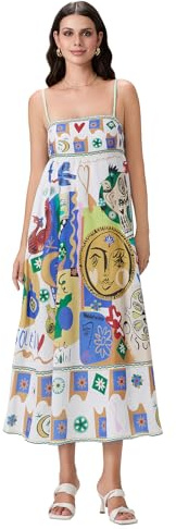 Women Spaghetti Strap Boho Long Dress Sleeveless Beach Swing Sundress Backless Strappy Flowy A-Line Tank Dress for Cocktail Streetwear