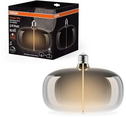 OSRAM Vintage 1906 Big Elipse est une à intensité variabavec un filament en forme d'ellipse. Il offre 4 W pour 60 lm,E27, design fumé, diamètre 215 mm, rendu des couleurs CRI 80, 1800 K.