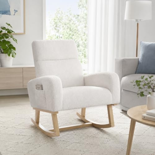 BRILVERDE Mecedora de Lactancia, Silla de Relax Con Piel de Cordero Blanca, Adhesivo Antideslizante, Para Salón y Balcón, Color Blanco (Lana de Cordero)