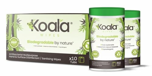 Koala Wipes - Biodegradable Tub Wipes, with 175 XL Sheets per Tub - Box of 6 Tubs - Antibacterial Hand & Surface Wipes - Safe & Gentle - Alcohol-free, Hypoallergenic Formula