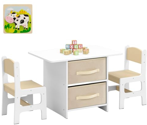 Maxmass 3PCS Kids Table and Chair Set, Wooden Children Play Table and 2 Chairs with Removable Drawers & Jigsaw Puzzle, Toddlers Activity Table Furniture for Drawing, Reading, Playing (Natural)