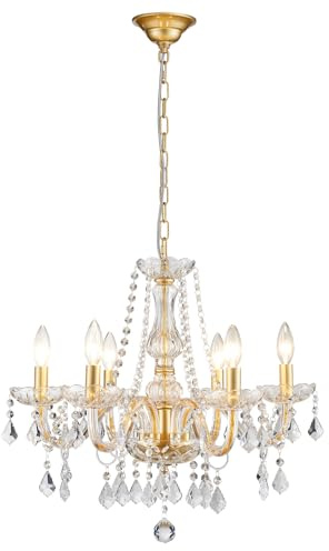 Crystal Chandelier Light Fixture, Modern K9 Crystal Chandeliers for Dining Room, 6-Lights Gold Ceiling Light, Adjustable Hanging Pendant Light Fixture for Living Room Entryway Kitchen Island Hallway
