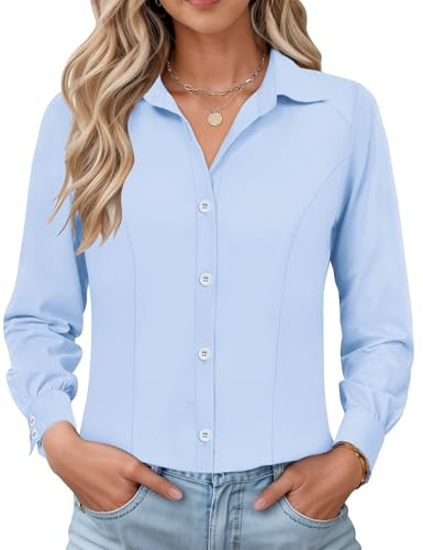 IECCP Camisa de vestir de manga larga para mujer, ajustada, formal, con botones, sin arrugas, elástica, para el trabajo, la oficina, informal, 2026, azul, M