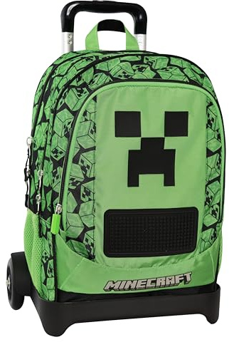 Minecraft - Sac à dos scolaire trolley officiel Minecraft, poignée réglable, chariot amovible, bretelles rembourrées et réglables, 2 compartiments principaux, poches avant avec fermeture éclair, 34 x
