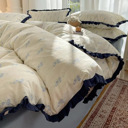 GETIYA Elegant Hellblau Blumen Bettwäsche 135x200 Baumwolle Bettwäsche Damen Mädchen Blümchen Bettbezug mit Dunkelblau Rüschen Weiß Hellblau Blumen Bettwaesche mit 1 Kissenbezug 80x80
