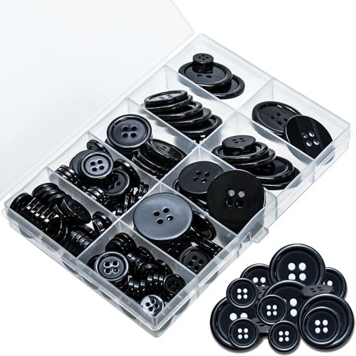 DAQUN 160 Pcs Black Buttons, Buttons for Sewing, Shirt Button, 4-Hole Round Resin Button for Clothing, Knitting, Replacement Buttones, DIY Crafts with Storage Box