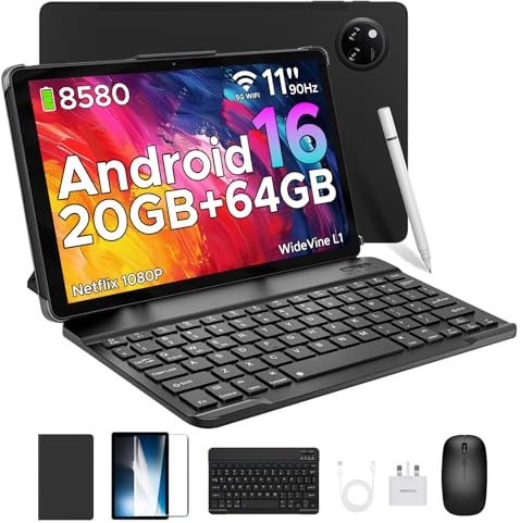 TAB A9+ 2025 Android 16 Tablet with Gemini AI, 11 Inch 8580mAh Tablet With Keyboard, T7200 Octa Core Android Tablets, 20GB+64GB / 2TB Tablets With Pen, 13+5MP, 2 Speakers, Mouse & Case