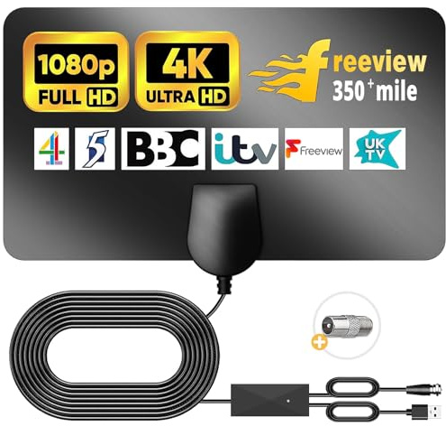 Digital TV Aerial 550+ Miles Long Range - Amplified HD TV Antenna Indoor for Freeview TV Support 4K 1080P (Black)
