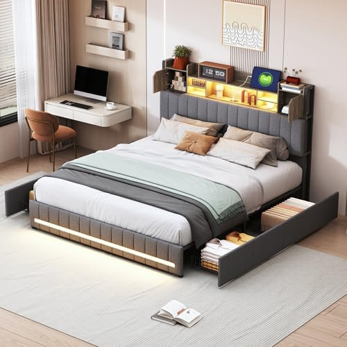 Cama de 140 x 190 con somier LED y USB, cama doble acolchada con maletero de 4 cajones, cabecero con almacenamiento, cama para 2 personas, marco de cama para adultos y adolescentes, lino, gris (gris