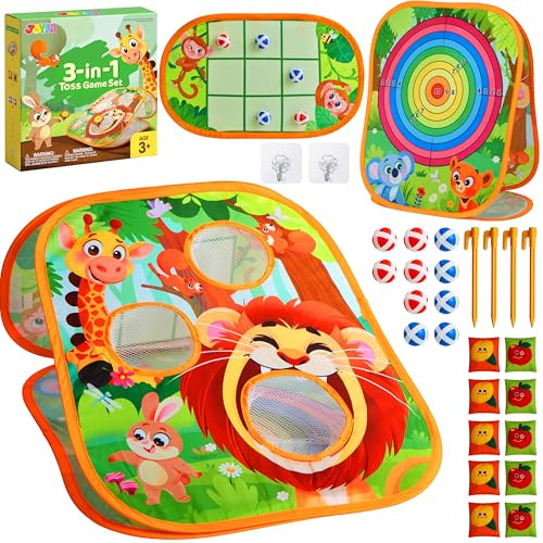 JOYIN 3-in-1 Animal Bean Bag Toss Game for Kids, Portable Corn Hole Games with Tic Tac Toe & Small Sticky Balls, Indoor & Outdoor Toys for Party Yard Beach Lawn, Birthday Gift for Boys Girls