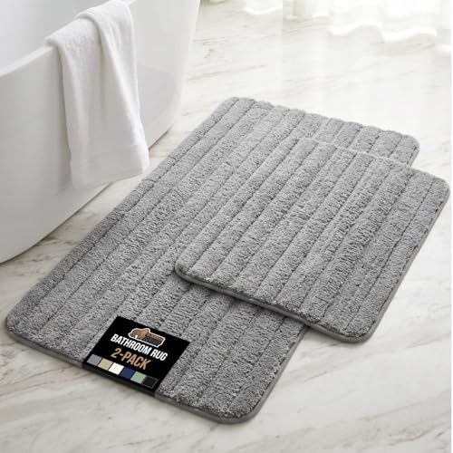 GORILLA GRIP Textured Backing Bathroom Rugs, Soft Memory Foam Absorbent Striped Bath Mats Set of 2, Machine Washable Fade Resistant, Floor Bathmat, Home Decor Shower Essentials, Grey 24x16 and 30x18