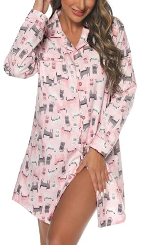 MIA LUCCE Camicia da notte da donna in flanella, a maniche lunghe, con bottoni, Gatto rosa., M