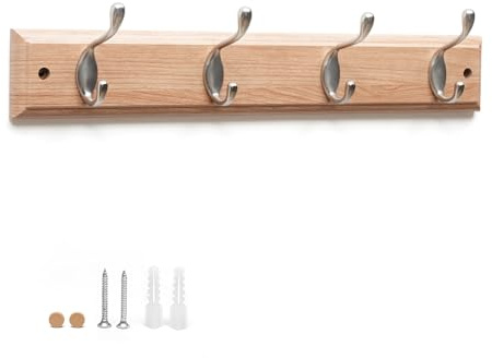 Flatro Coat Hooks Wall-Mounted (Fixings Included) MDF with a Bamboo Finish Coat Rack with 4 Zinc Alloy Hooks to Hang Hats, Jackets, Bags, Keys, Towels | Best for Home Entrances, Bedrooms, Bathrooms