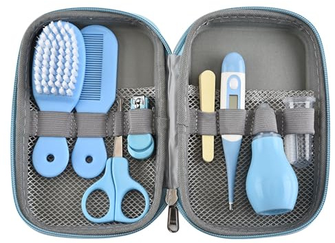 Kit de Aseo para Bebés, Set de Cuidado de Seguridad para Bebés con Cepillo para el Cabello, Cortaúñas, Limpiador de Nariz, Cepillo de Dientes para Dedos, Tijeras, Set de Manicura (Azul)