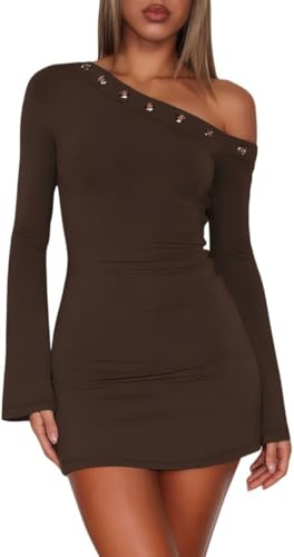 Sukiglam Vestidos de Fiesta Mujer Elegantes Minivestido Manga Larga Acampanada con Un Hombro Asimétrico Casual Vestido Ajustado Otoño Invierno Sexy Vestidos Corto para Noche Salir Cóctel Clubwear
