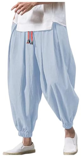 RUIRUILICO Pantaloni Lino Uomo Leggeri Casual Pantaloni Harem Larghi Estivo Elastico in Vita Baggy Harem Pants Traspiranti Yoga Pantalaccio da Spiaggia con Tasche