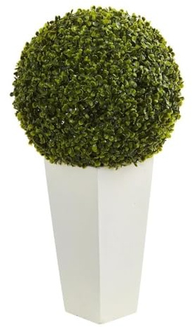 Nearly Natural 28in. Boxwood Topiary Ball Artificial Plant in White Tower Planter (Indoor/Outdoor)