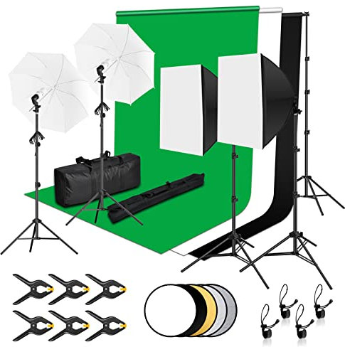 EMART Kit de Estudio Fotográfico, Sistema de Soporte de 2,6M x 3M con Softbox Set Reflector Fondo Fotográfico, Kit de Iluminación de 800W 5500K, para Fotografía de Retrato y Video