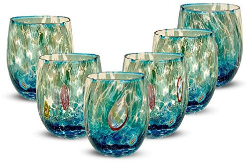 Gocce di Murano 6 Bicchieri Acqua Lavorati Secondo la Tradizione degli Artigiani di Murano, Bicchiere Soffiato e Lavorato a Mano 300 ml - Bicchieri Acqua Vetro Arcobaleno Pioggia
