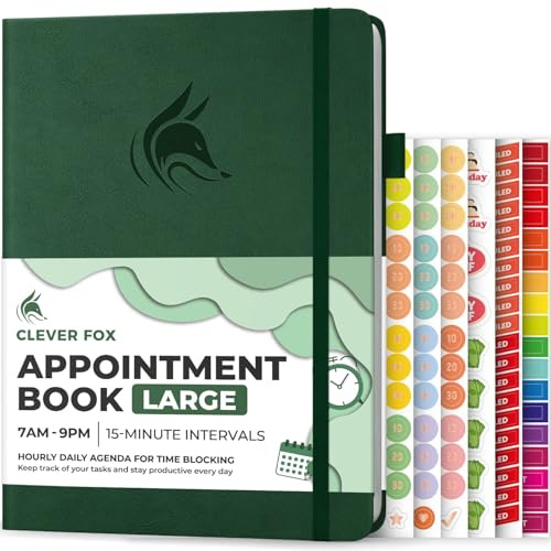 Clever Fox Appointment Book – Hourly Schedule Planner with 15-Minute Increments – Time Box Planner for Daily Work & To-Dos – Weekly & Monthly Spreads, Undated, Hardcover, 8.3x11″ (Dark Green)