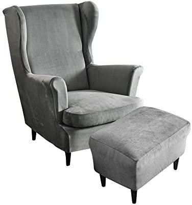 Highdi 2 Teilig Samt Ohrensessel Überzug Mit Ottomane Schonbezug, Sessel-Überwürfe Ohrensessel Schonbezüge Bezug Sesselhusse Stretch Tiger Stuhlbezug mit Armlehne Hohe Rückenlehne (grau)
