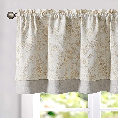 TOPICK Cortina Corta para Cenefa de Doble Diseño en Capas con Estampado Flores Lino con Bolsillo para Varilla Translúcido Aptas para Pequeñas Ventanas Marrón Juego de 1 Unidades 125 x 45 cm