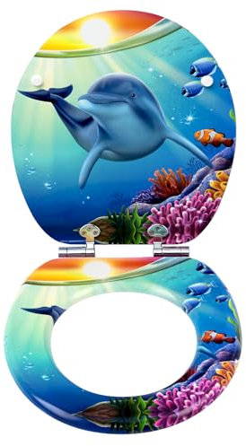 eSituro Toilettendeckel mit Absenkautomatik Holz, WC Sitz mit Quick-Release-Funktion für leichte Reinigung, einfache Montage, Toilettensitz Motiv, MDF Delfin