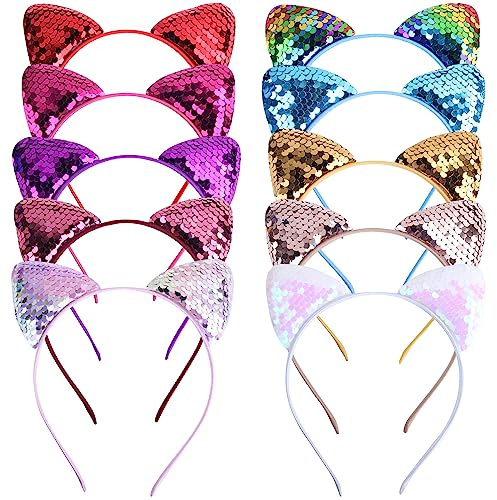 EUDUQ Diadema con Orejas de Gato, 10 Piezas Coloridas Orelhas Glitter, Sequin Reversibles para Fiestas y Juegos