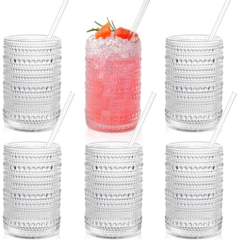 KMIGRUAN Hobnail Drinking Glasses with Straws 15oz Vintage Glassware Set of 6 Embossed Vintage Water Cups, Highball Glasses for Cocktail,Whiskey,Beer and Juic