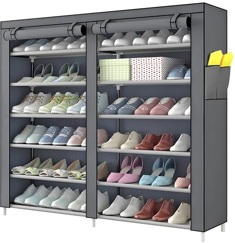 Retoo Schuhschrank Stoffschrank Schuhregal, Schuhaufbewahrung, Speicherorganisation für Schlafzimmer, Reißverschluss, Faltbare, 12 Ablagen, 120 x 30 x 110 cm, Sportschuhe, High Heels Groß Grau