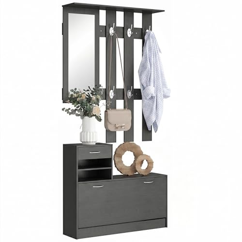 HOMCOM Set Mobili Ingresso Moderno con Scarpiera Specchio Nero
