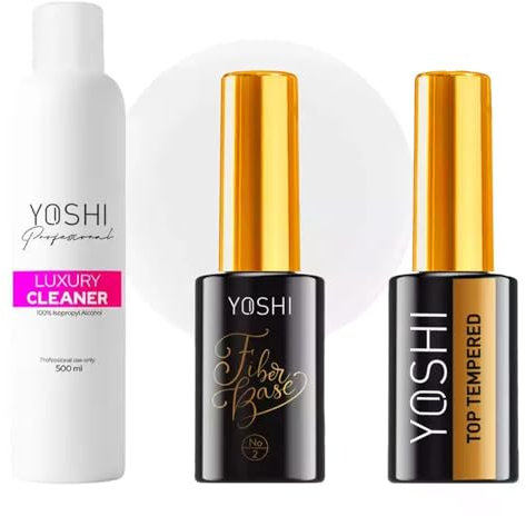 Yoshi Kit de cuidado de uñas: Luxury Cleaner 500 ml, Top Tempered 10 ml y base de fibra nº 2 10 ml – Base perfecta y brillo para tus uñas