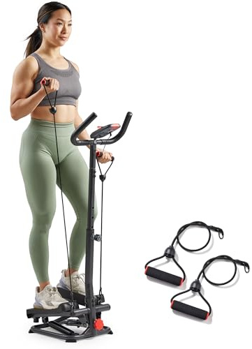 Sunny Health & Fitness Total Body 2-in-1 Smart Stepper Machine for Home with Handlebar and Resistance Bands, Total Body Workout, Adjustable Hydraulic, LCD Monitor, Non-Slip Pedals – 330 LB Max Weight