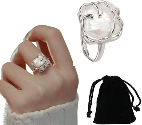 Unregelmäßiger Perlen Damen Silberring, Offen Verstellbar Perlenring, Ring Glänzender Fingerring, Modischer Statement Ring, Ring Silber Ring für Damen
