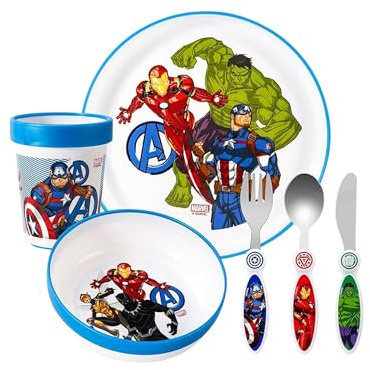 Avengers Kids 6 Piece Reusable Dinner Set - Cup, Bowl, Plate & Cutlery | Lightweight & Kid-Friendly Dinnerware Set Includes Knife, Fork & Spoon, Toddler Plastic Tableware Set | Easy to Hold Design