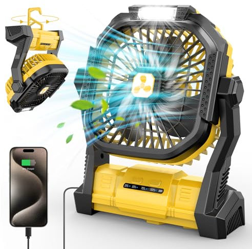 PDBEST Ventilateur Rechargeable 20000mah Ventilateur USB de Voiture Portable avec Lanterne LED, Ventilateur de Table à Batterie avec Port Type-C Parfait Pour le Camping, les Voyages et la Plage jaune