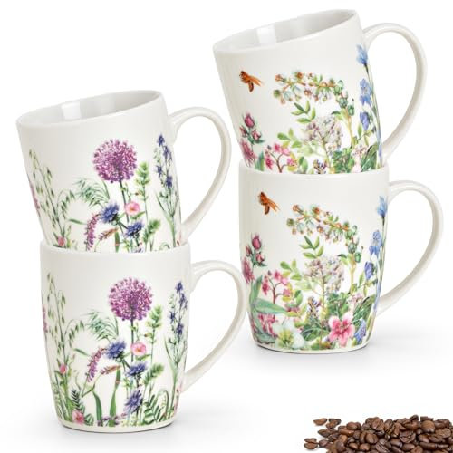 Juego de 4 tazas con diseño de flores primaverales - Hermosas tazas de café de porcelana en 300 ml para capuchino, café, té - tazas de café excepcionales aptas para lavavajillas y microondas como