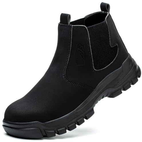 Scarpe Antinfortunistiche da Uomo Senza Lacci, Stivali da Saldatore in Pelle Scamosciata, Punta in Acciaio Larga, Leggere E Comode,Nero,44 EU