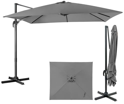 GOPLUS Parasol de Jardin Exterieur, Parasol Déporté 3x3M, avec Manivelle, 8 Baleines à Double Couche, Rotation à 360°, Anti-UV, Parasol Excentré Inclinable pour Balcon Terrasse, H.273cm (Gris)