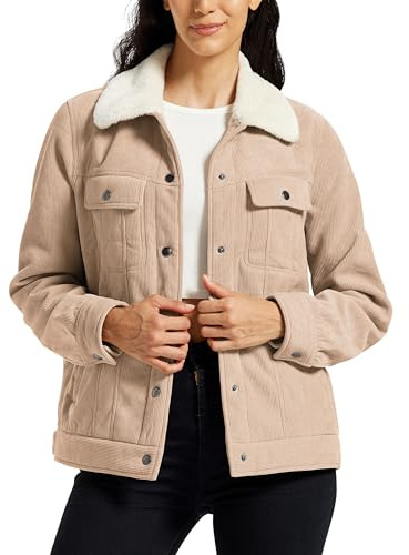 MoFiz Veste Polaire Femme Doublée en sherpa Blouson Hiver Chaud Vestes en velours côtelé à Boutons élégant décontracté Kaki Taille EU XL