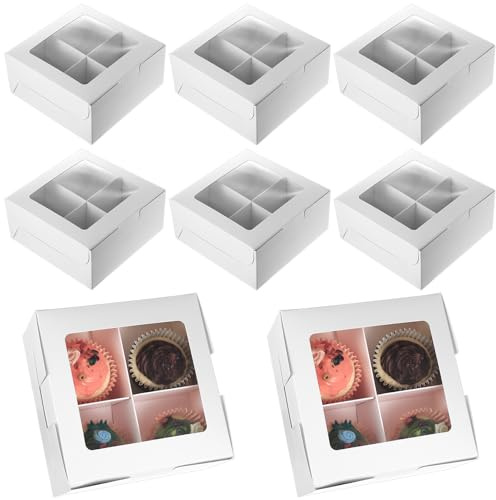 8 scatole per cupcake, 4 fori, scatola per il trasporto di cupcake, in cartone bianco, con finestra di visualizzazione in PVC, per torte, cupcake, muffin con finestra di visualizzazione, scatola di