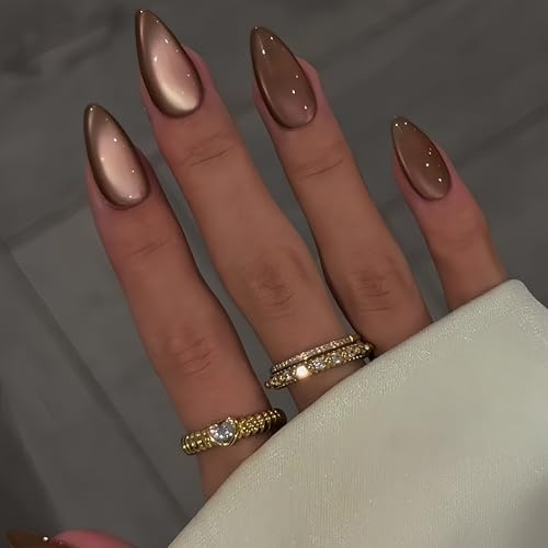 Brown Cat Eye False Nails, SXVME Glitter Press on Nails Medium Almond, Sparkly Shiny Fake Nails Natural, Cute Bling Stick on Nails for Women Daily Wear, 30 Pcs
