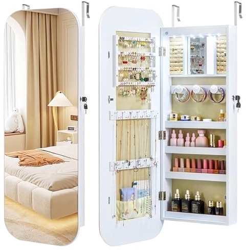 COSTWAY Specchio Portagioie da Parete, con 6 Luci LED, Armadietto per Gioielli a Muro, Ganci e Scomparto, Portagioie Donna Salvaspazio con Serratura per Camera da Letto