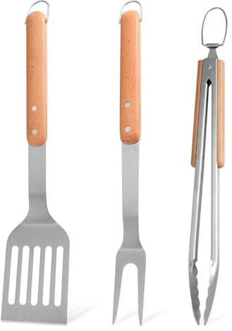 Fyfjur Juego de cubiertos para barbacoa, accesorios robustos de acero inoxidable, pinzas para barbacoa, espátula para barbacoa y tenedor de carne con asas largas de madera y ojales para colgar